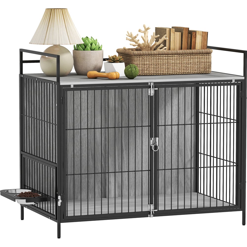 PawHut Grey Large Dog Crate with Rotating Bowl Holder Image 1