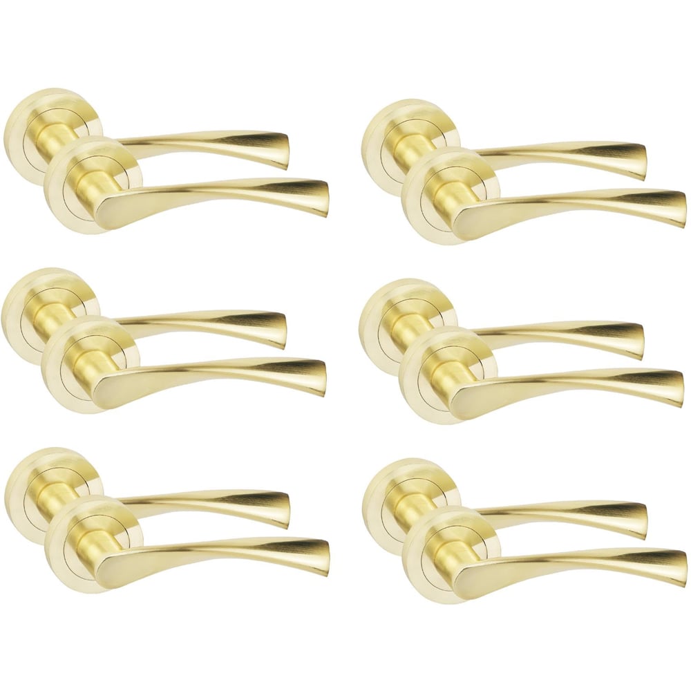 Golden Grace Satin Brass Astrid Door Handle Set with Spindle and Fixing 6 Pack Image 1