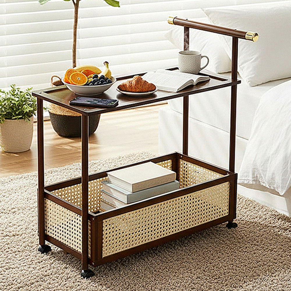 Living and Home 2-Tier Walnut Faux Rattan Side Table with Castors Image 1