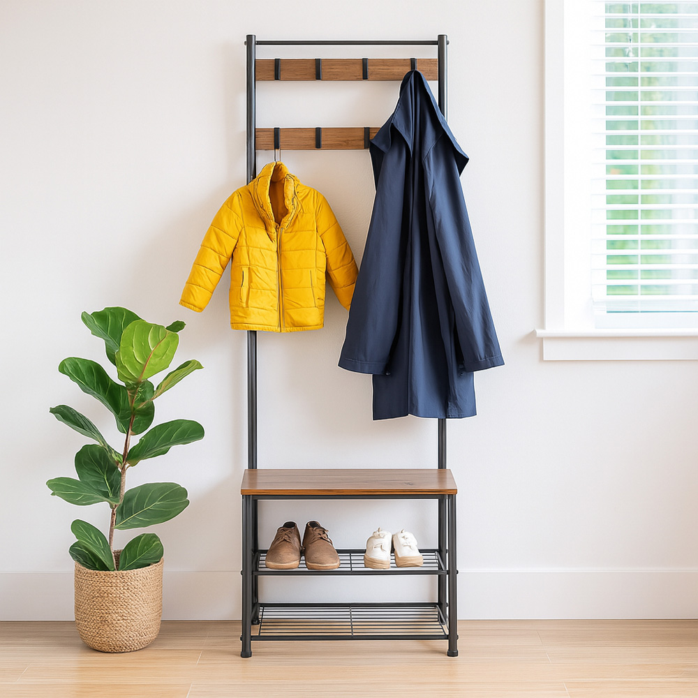 Harbour Housewares 2 Shelf 9 Hook Black and Brown Square Steel Coat Rack with Shoe Storage Bench Image 7