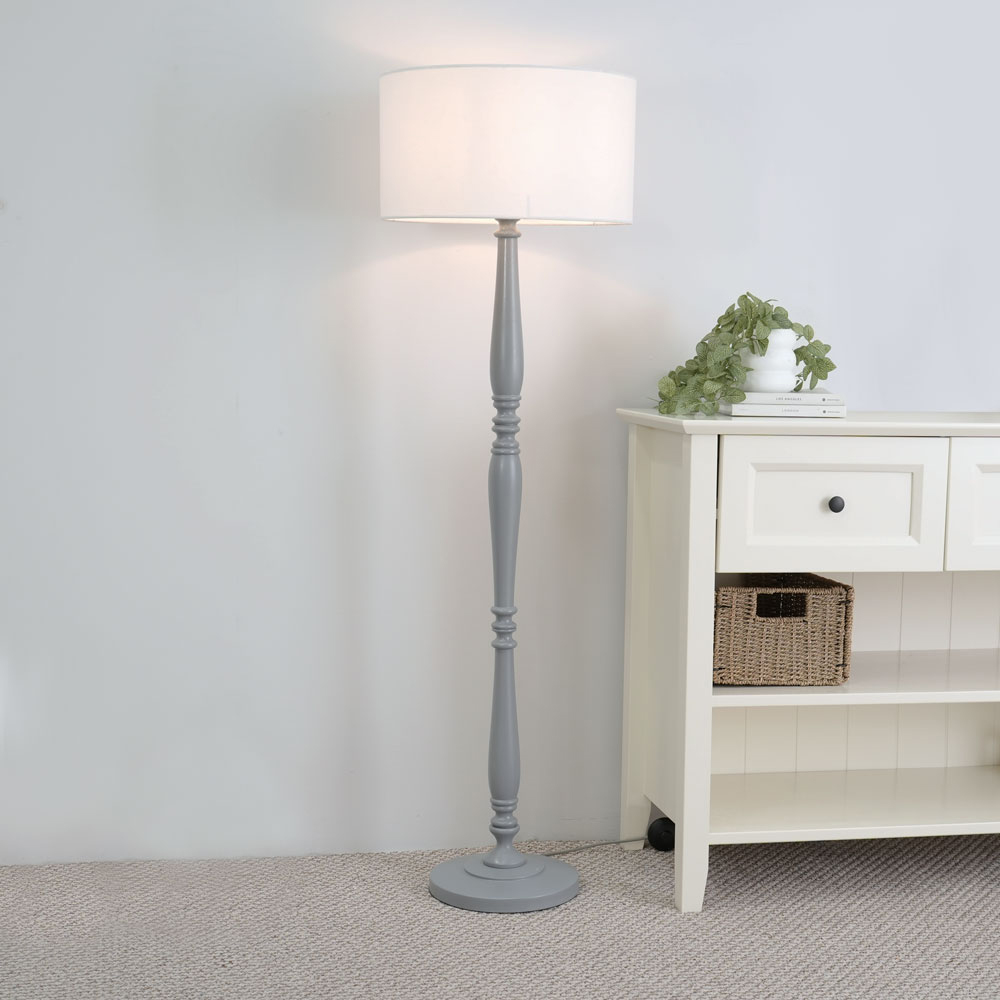ValueLights Victoria White Fabric Drum Shade Grey Wood Traditional Stem LED Floor Lamp Image 2