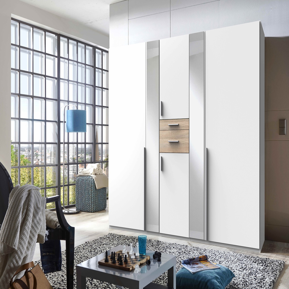 TJ'S Roma 4 Door 2 Drawer Matt White and Oak Wardrobe Image 4