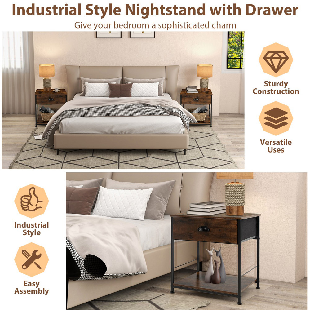 Costway Single Drawer Single Shelf Brown Bedside Table Image 4