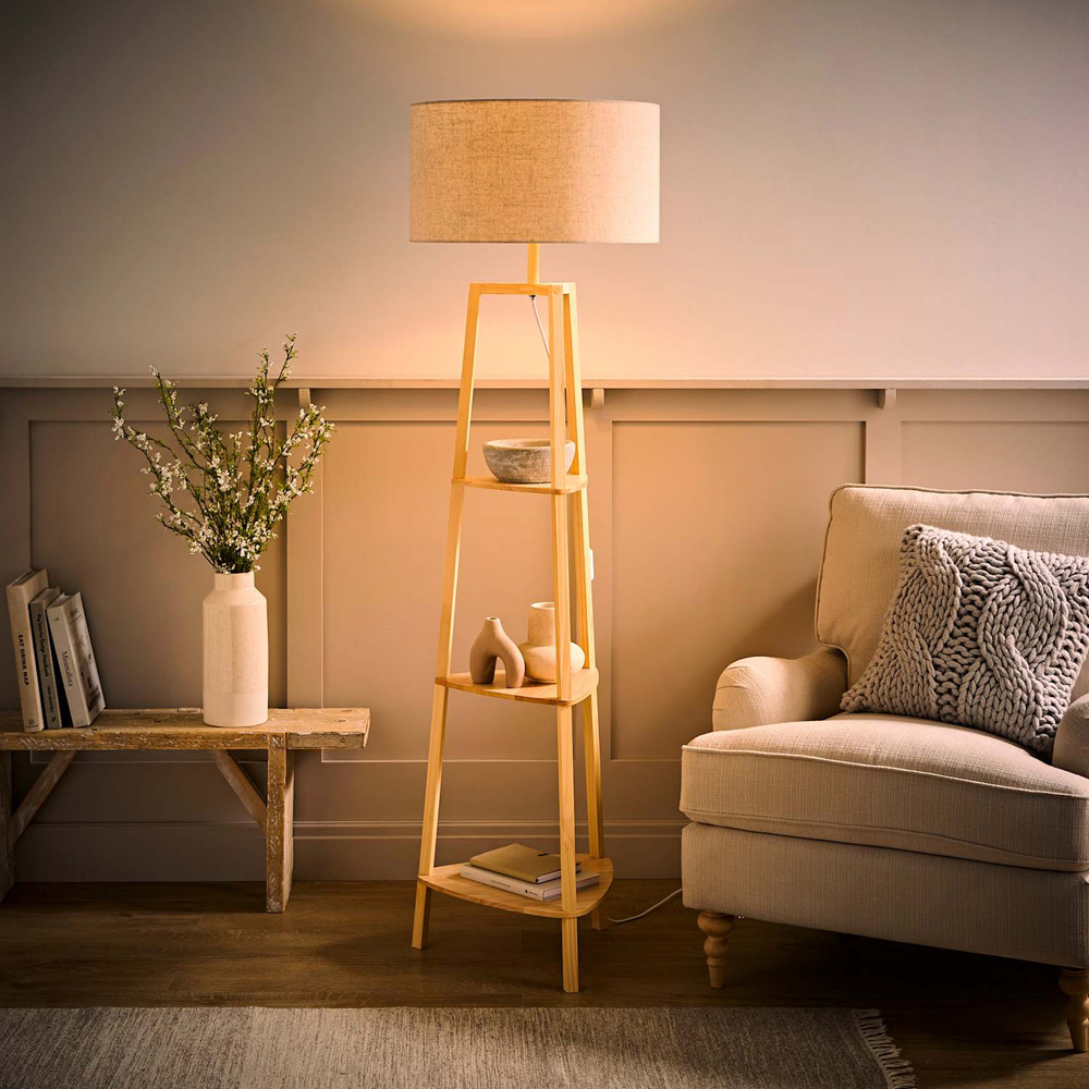 ValueLights Hiru 3 Shelf Linen Drum Shade Natural Wooden Floor Lamp with Bulb Image 2