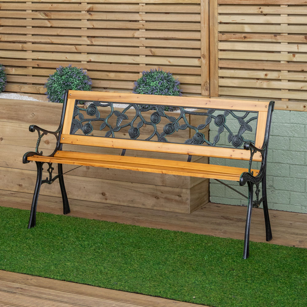 Samuel Alexander 2 Seater Rose Design Wooden and Cast Iron Garden Bench Image 6