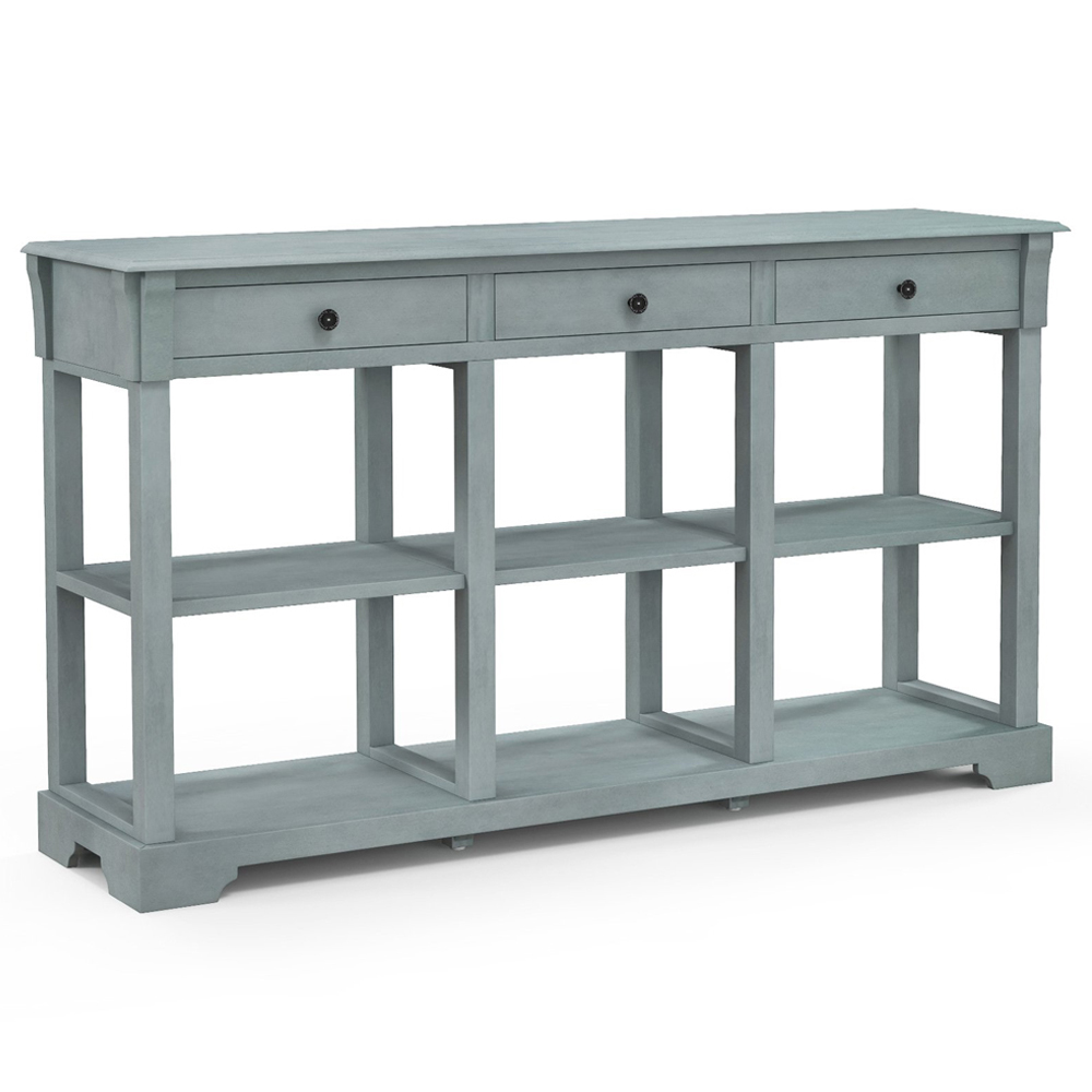 Costway 3 Drawer Open Shelf Blue Retro Console Table Image 2