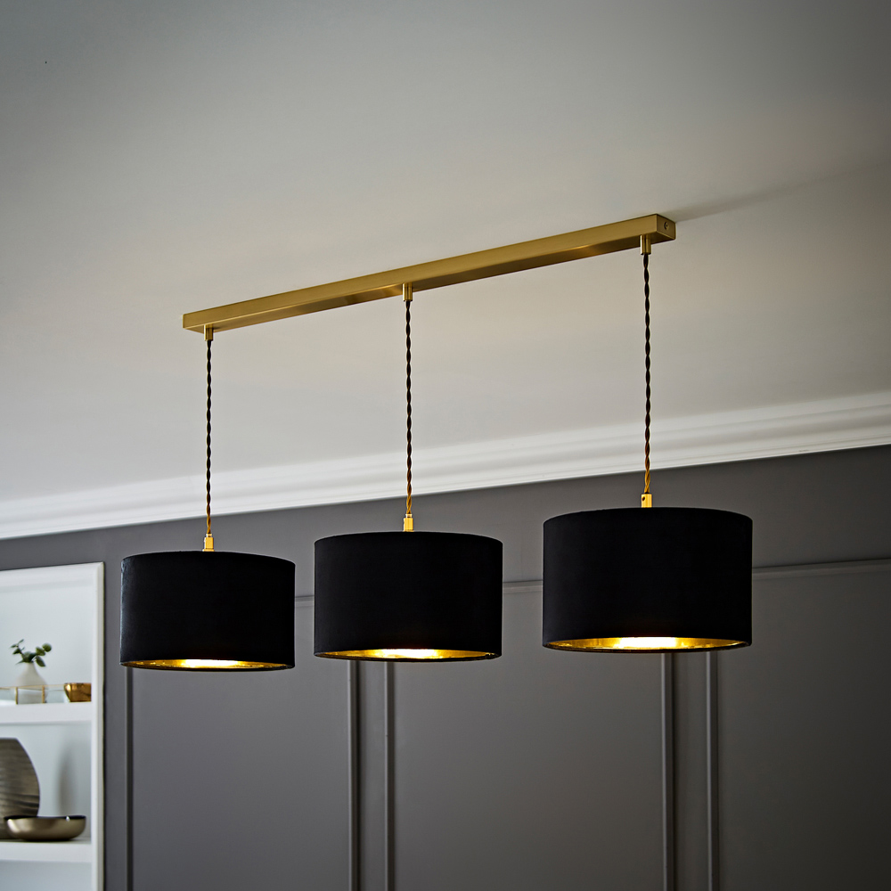 ValueLights Reni Black Velvet and Gold Shade 3 Drop Bar Gold Diner LED Ceiling Lights Image 2