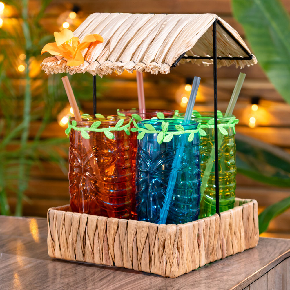 Tiki Bar Hut Serving Tray with 4 Glasses Image 2