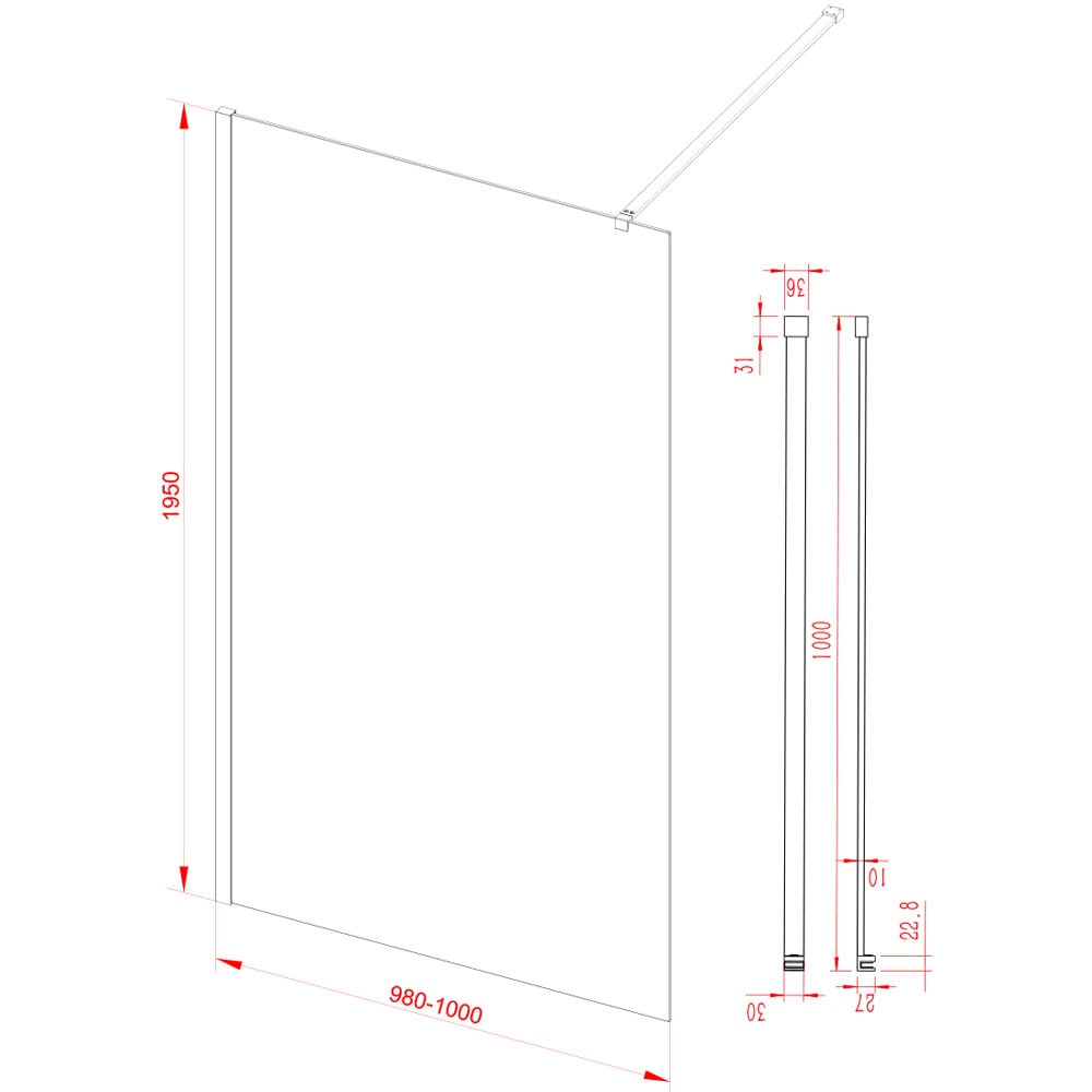 Bathstore Nero Fluted Glass Wetroom Shower Panel with Matt Black Profile and Front Arm 1000mm Image 4