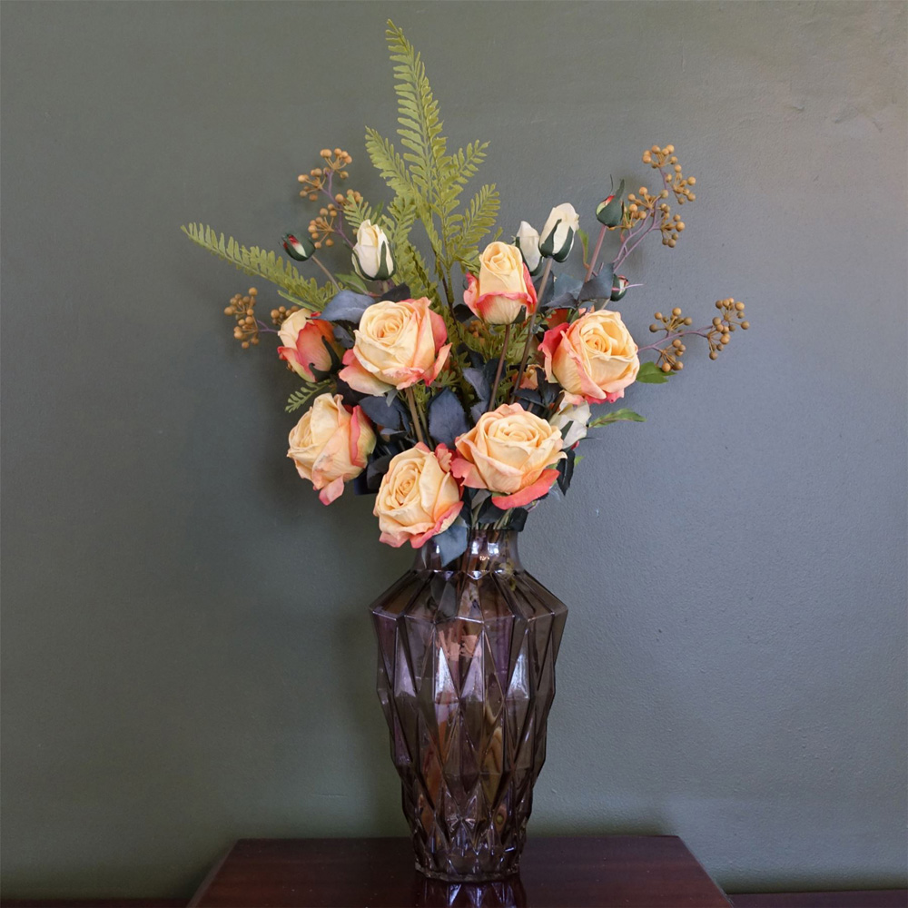 Leaf Yellow Rose Artificial Flower Bundle with Geometric Glass Vase 65cm 6 Pack Image 2
