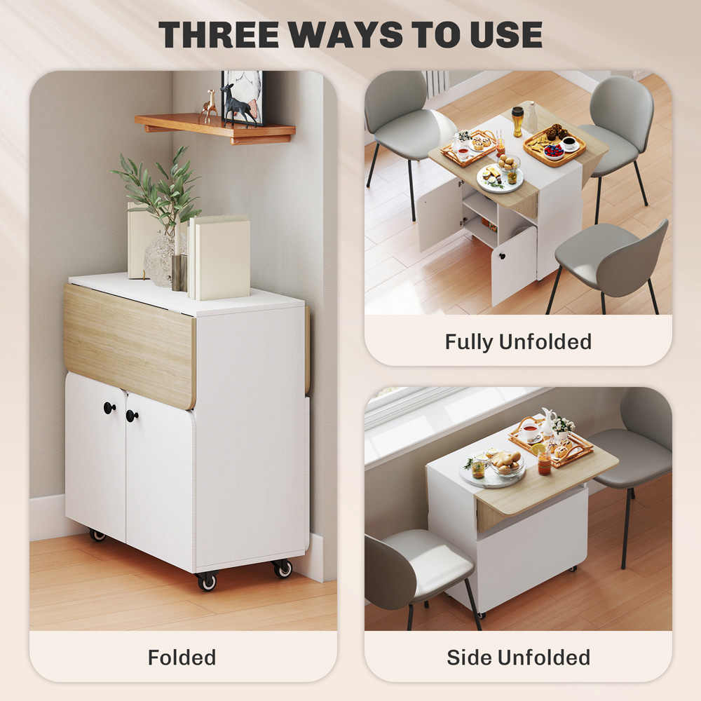 Portland 2 Drawer White Rolling Drop Leaf Dining Table with Hidden Shelf Image 7