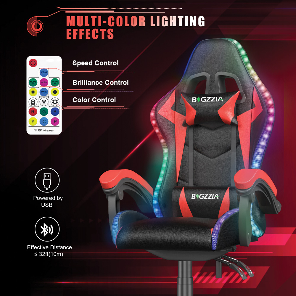 Rattrix Red Height Adjustable Lumbar Backrest Gaming Chair with Headrest and LED Light Image 6