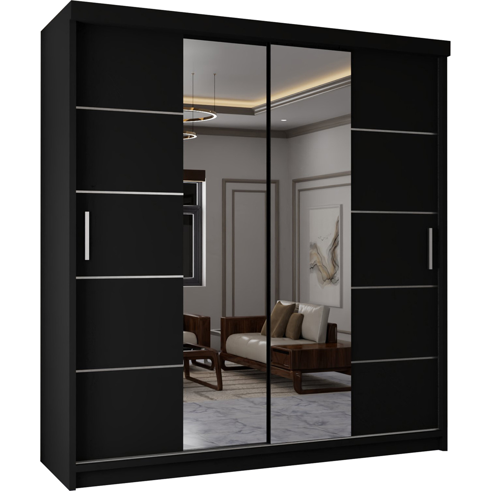 M N Furniture Osaka 2 Door Black Mirrored Panel Sliding Wardrobe 180cm Image 2