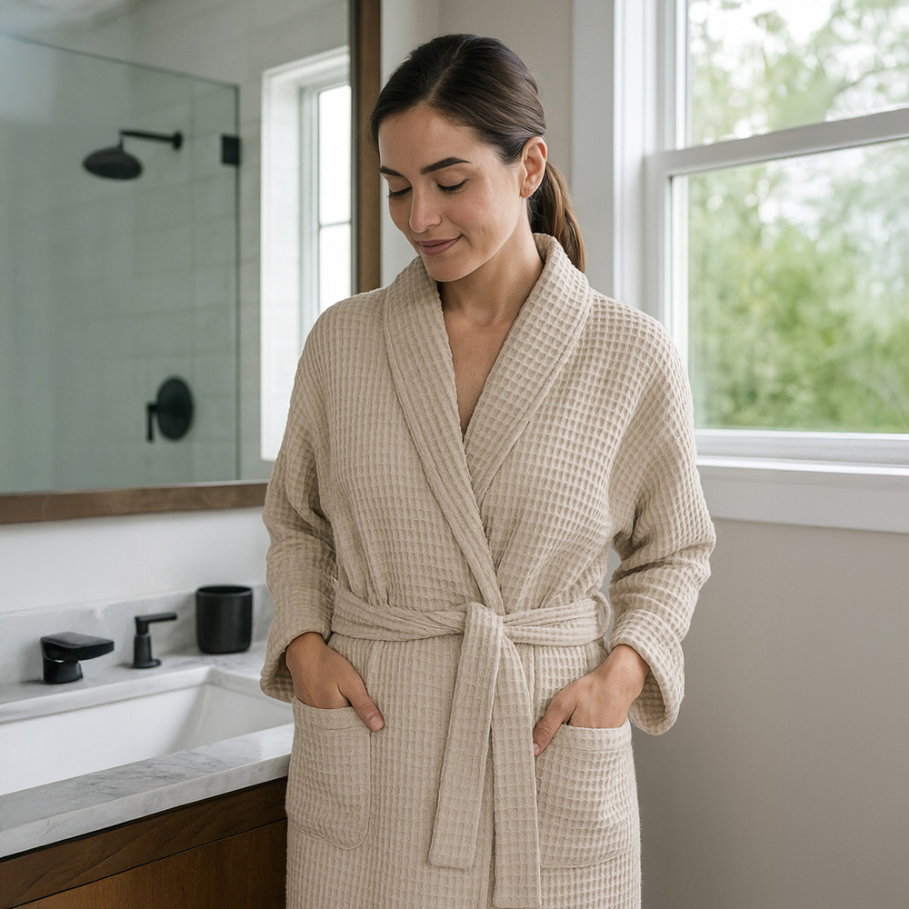 Allure Bath Fashions Small to Medium Brown Linen Unisex Lightweight Waffle Bathrobe Image 2