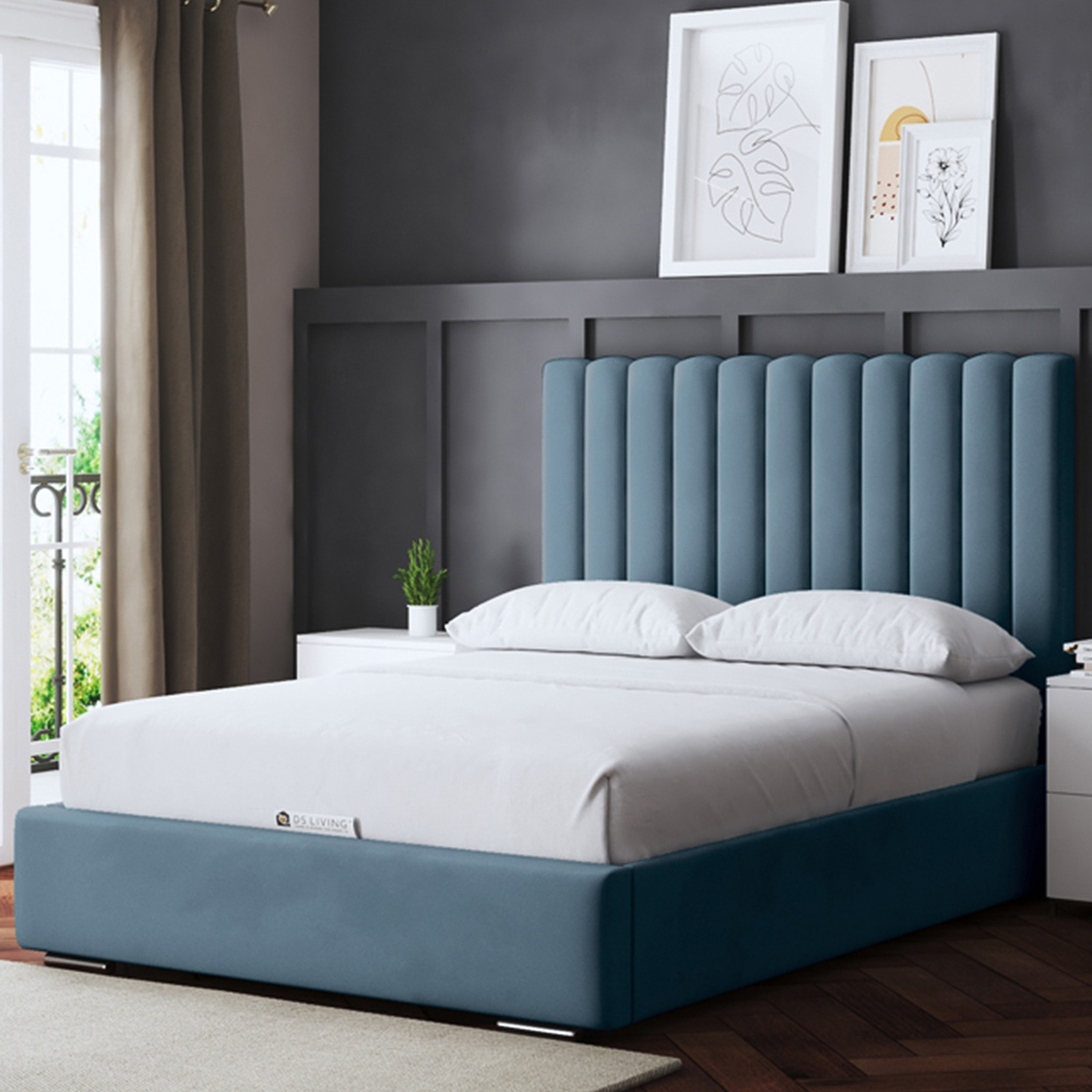 DS Living Evangeline Super King Blue Upholstered Ottoman Bed with Headboard Image 1
