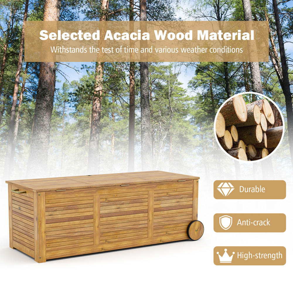 Costway 180L Acacia Wood Outdoor Storage Box with 2 Wheels Image 8