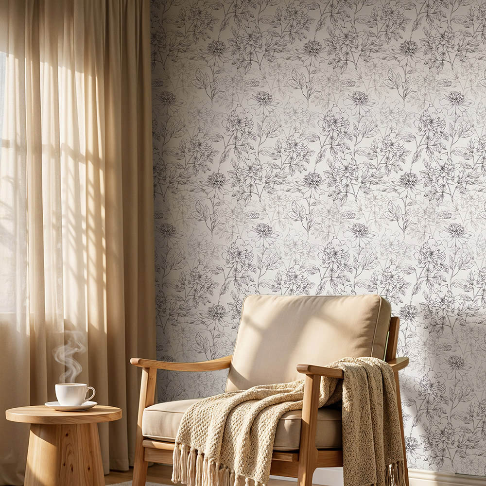 Living and Home Floral Pattern Light Beige and Black Peel and Stick Wallpaper Image 7