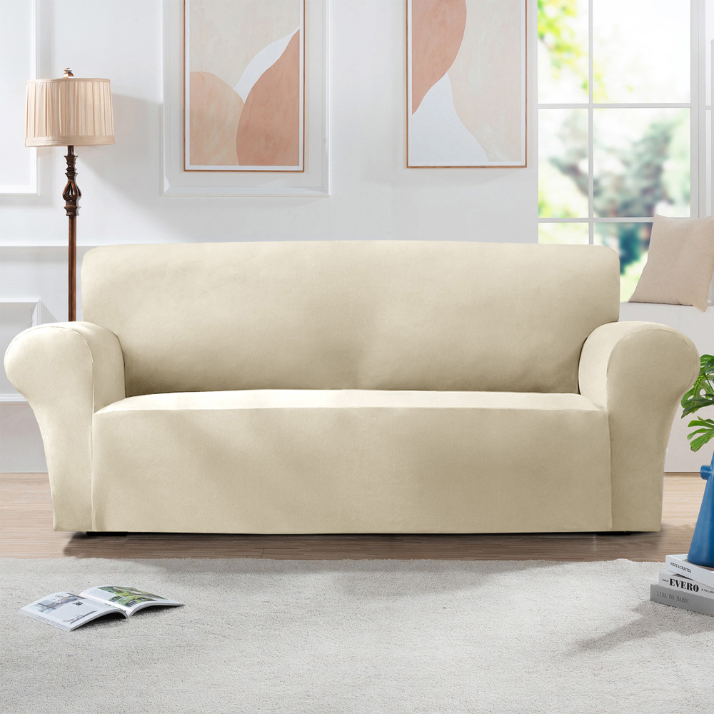 Homerepublic 3 Seater Beige Mink Velvet Stretch Fit Sofa Cover Image 2