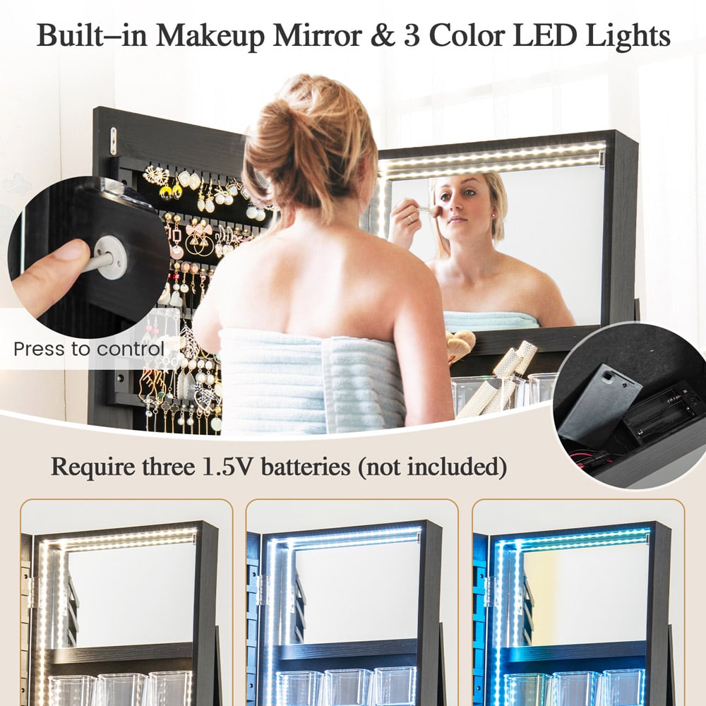 Costway Black Rotatable Mirrored Jewellery Armoire with LED Lights Image 6