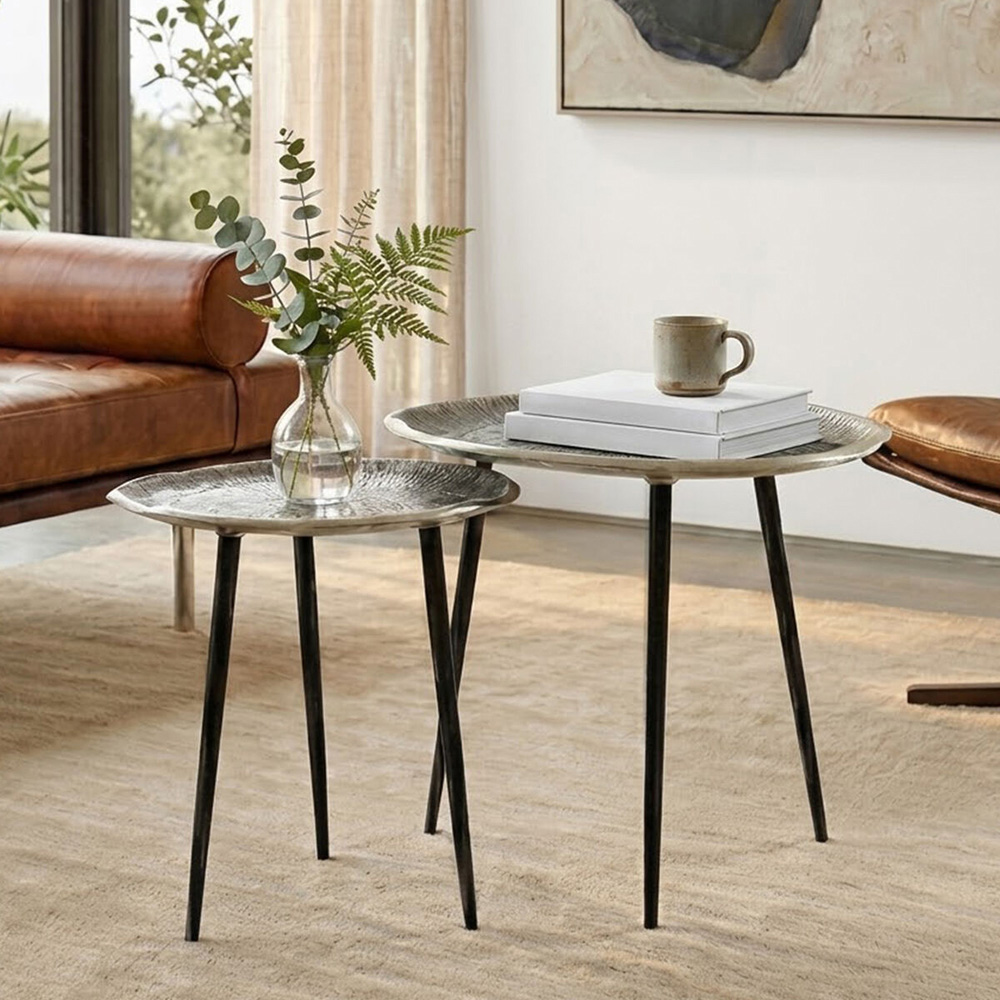 Premier Housewares Silva Oak Effect Silver Top Side Table Set of 2 Image 5