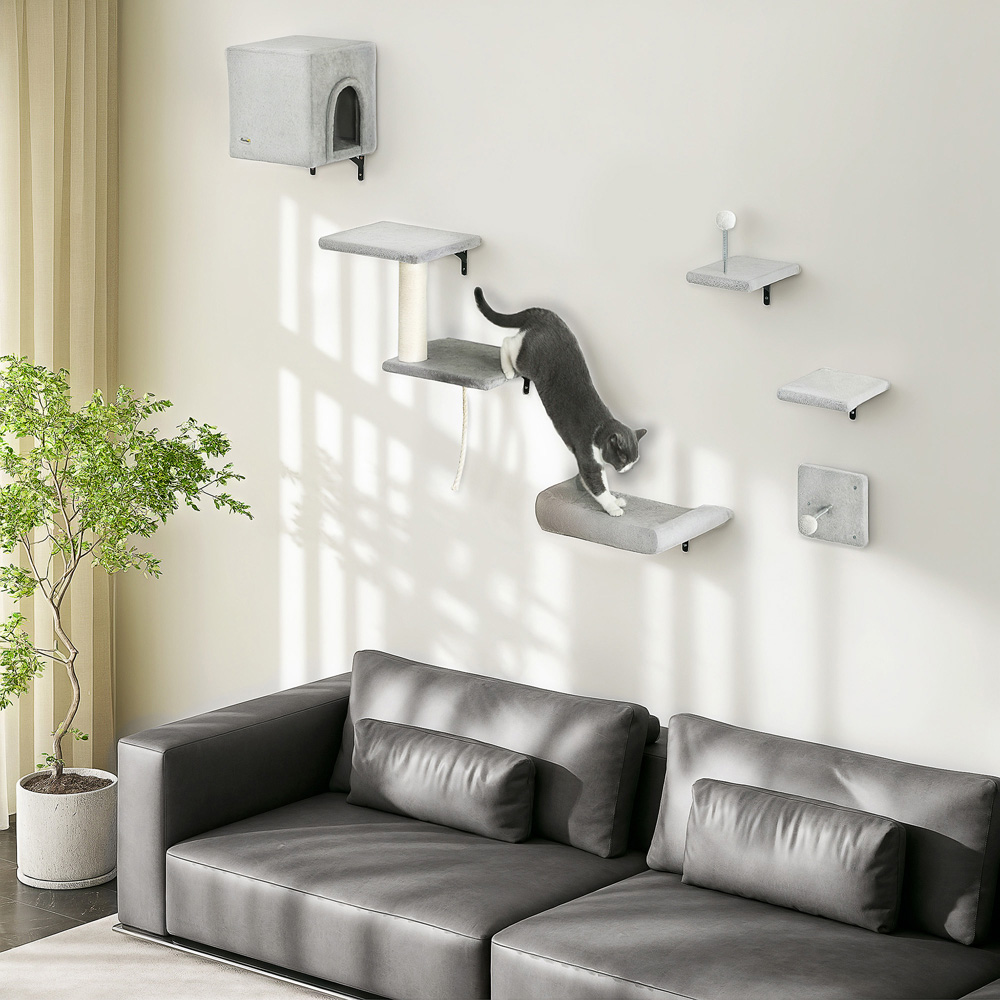 PawHut Grey 6 Piece Cat Wall Furniture Set Image 2
