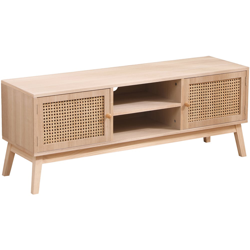 FurnitureHMD 2 Door 2 Shelf Rattan Weaving TV Unit with Pine Wood Legs Image 2