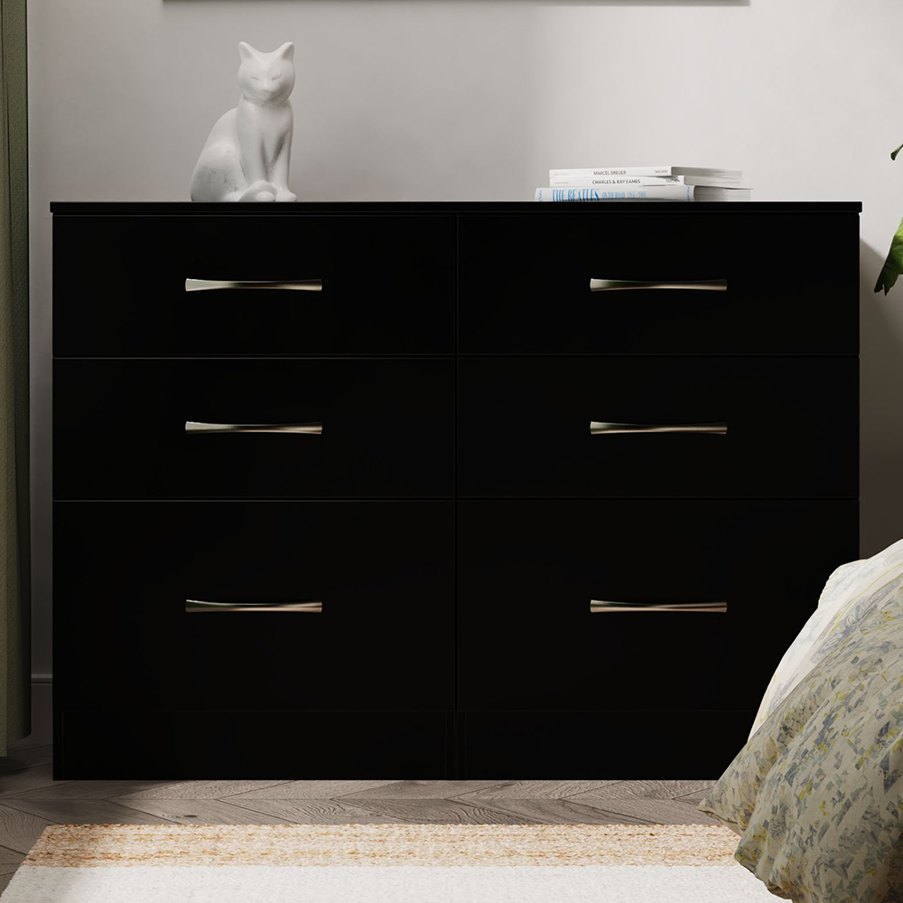 Crowndale Avon 6 Drawer Matt Black Wide Chest of Drawers Ready Assembled Image 1