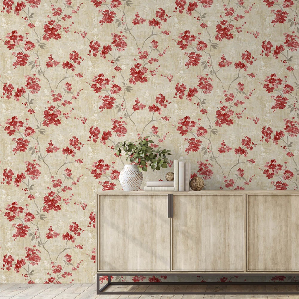 Paul Moneypenny Blossom Trail Textured Red Anethe Neutral Wallpaper for Grandeco Image 2