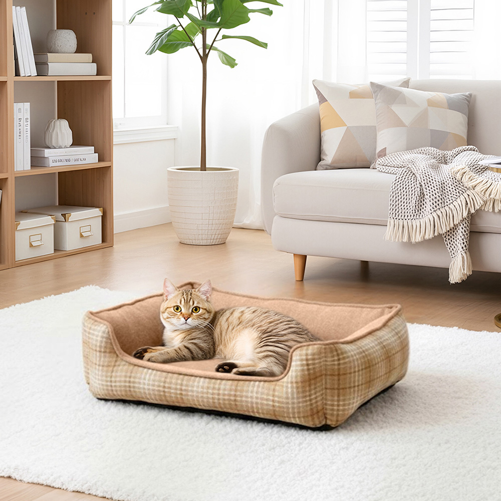 H&O Direct 70cm Khaki Plaid Ultra Soft Chenille Dog Bed with Anti-Slip Bottom Image 2