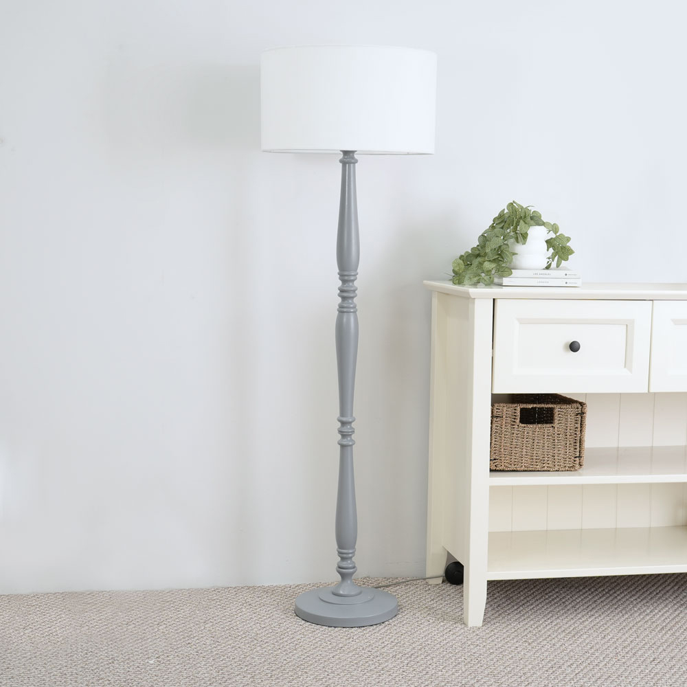 ValueLights Victoria White Fabric Drum Shade Grey Wood Traditional Stem LED Floor Lamp Image 3