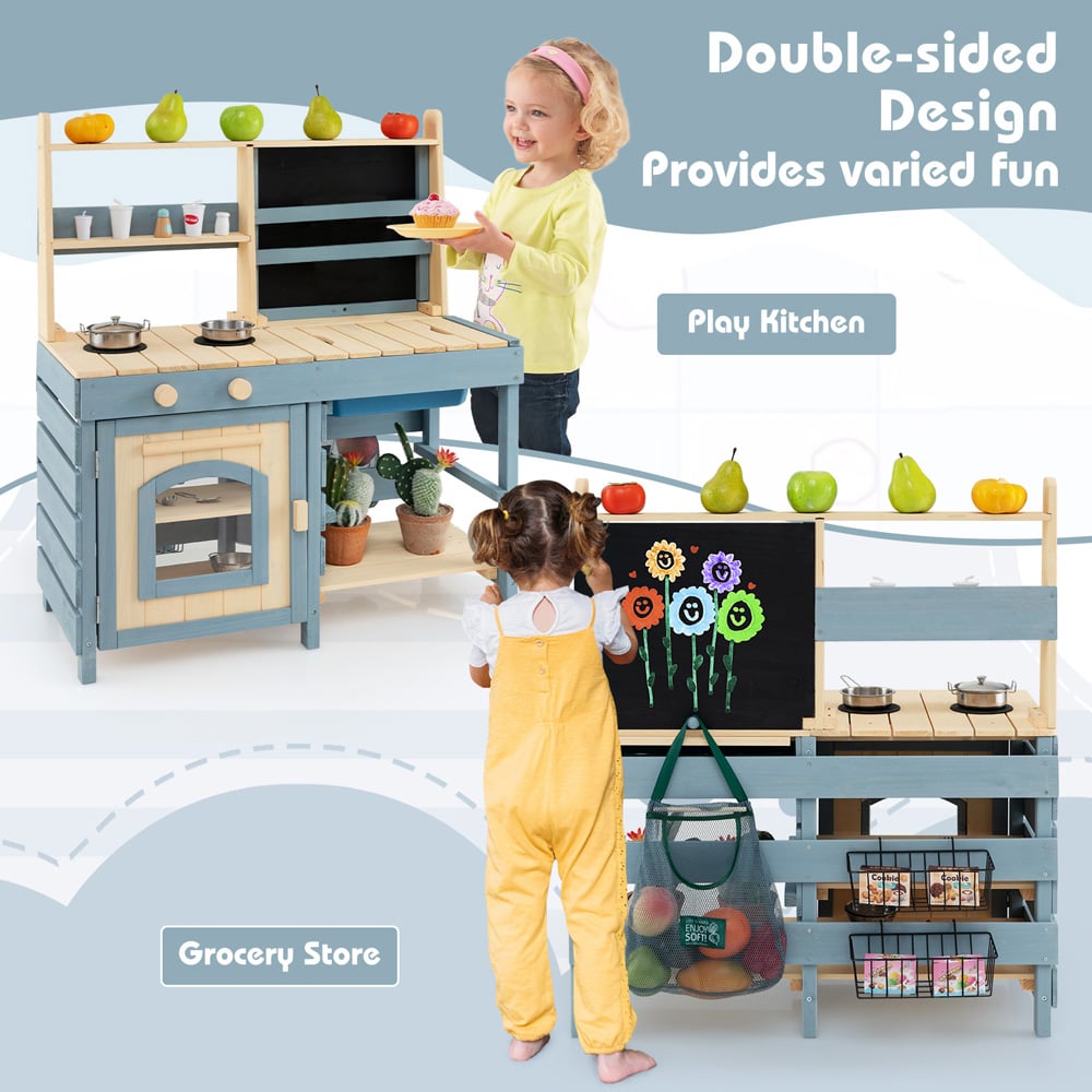 Costway 2-in-1 Kids Outdoor Mud Kitchen with Metal Baskets and Storage Bag Image 6