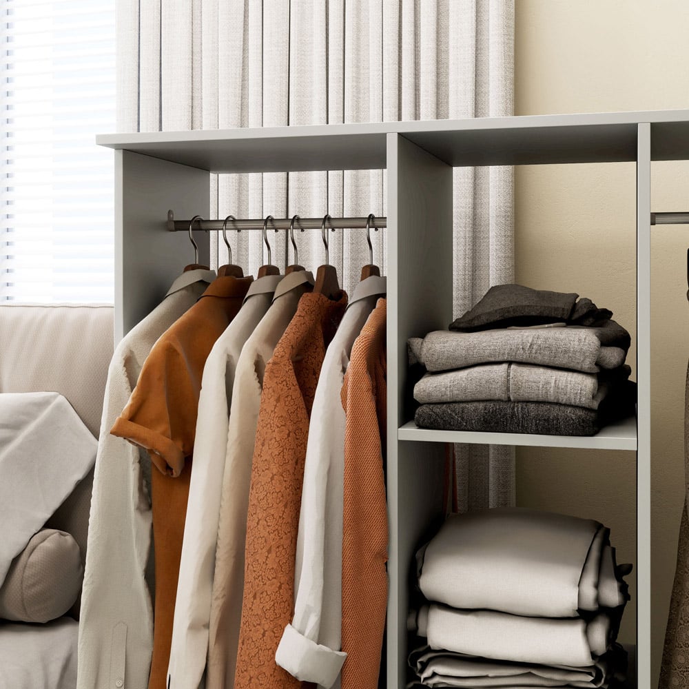 Portland 3 Shelf Grey Double Open Wardrobe with Hanging Rail Image 3