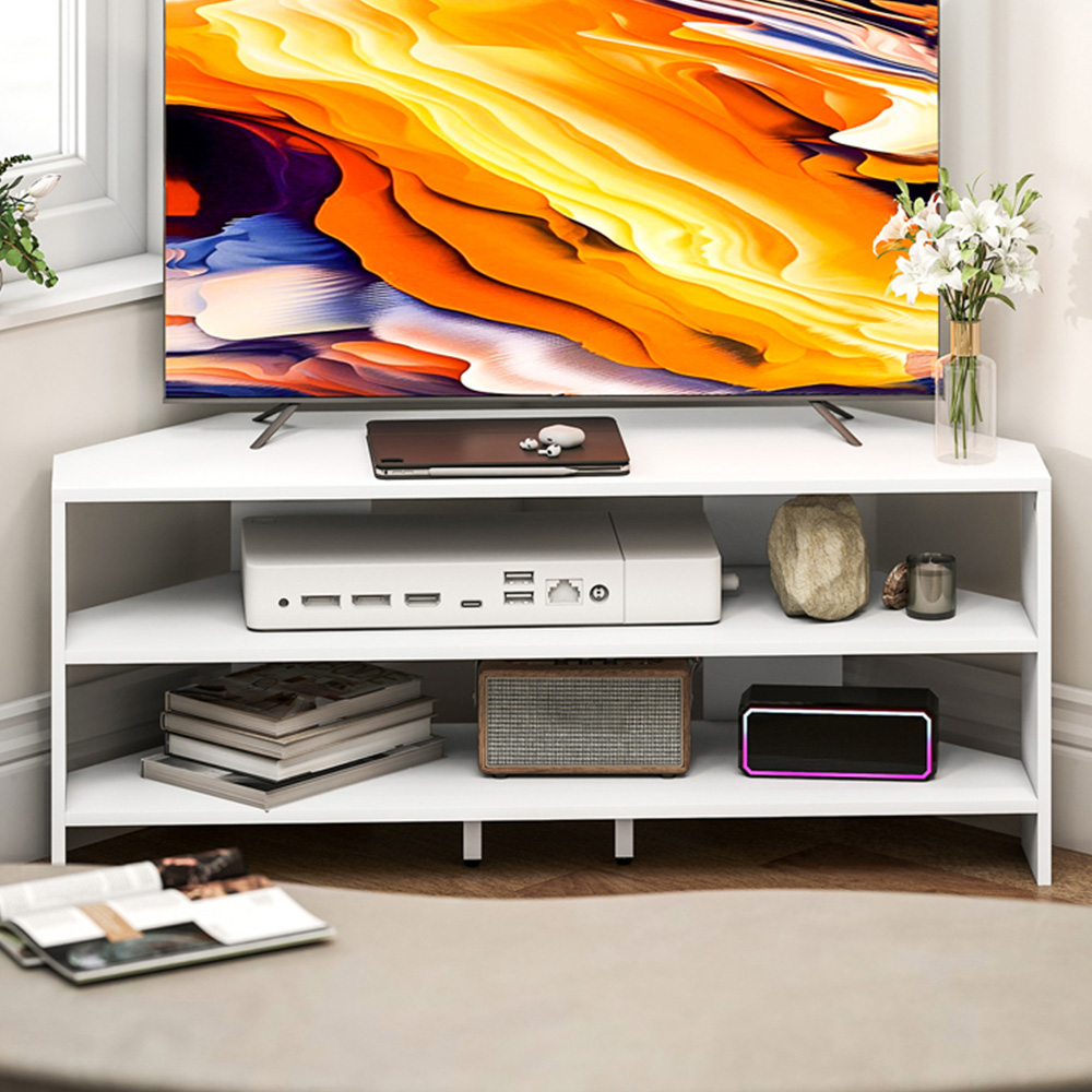 HOMCOM 2 Shelf White Corner TV Unit Image 1