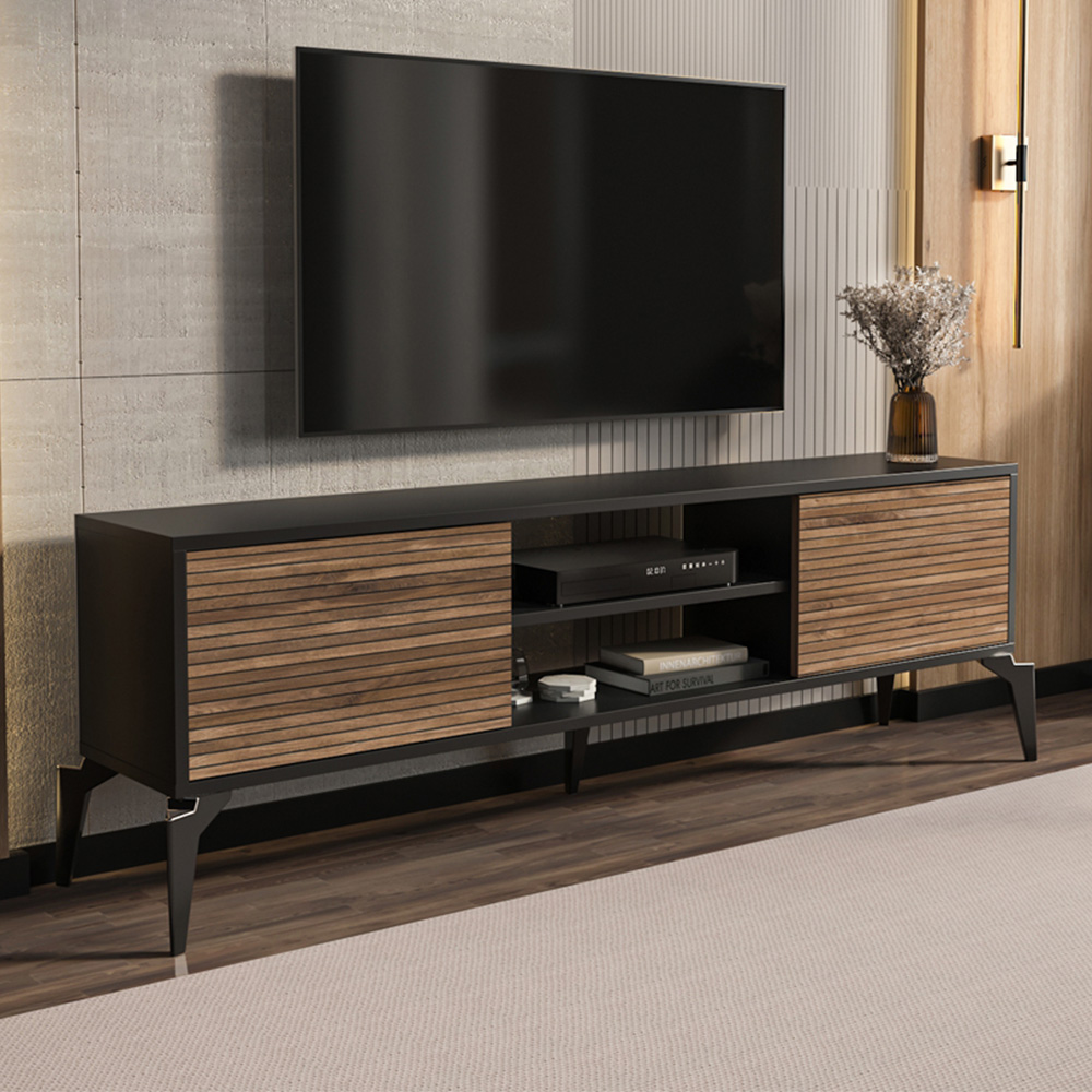 Decorotika Lojo 2 Door 2 Shelf Black Alina TV Stand for 71 inch TV Image 1