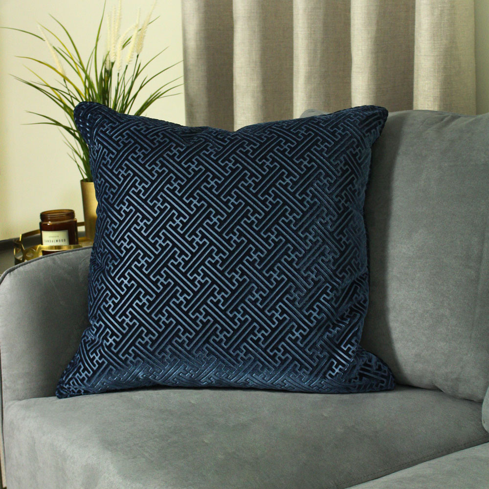 Paoletti Florence Navy Embossed Velvet Cushion Image 2