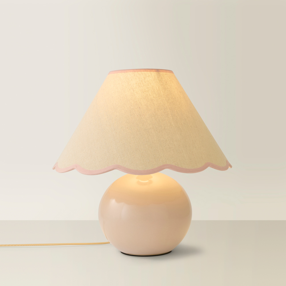 ValueLights Bosco Natural Stone Linen Pink Trim Scallop Shade Ceramic LED Table Lamp Image 5