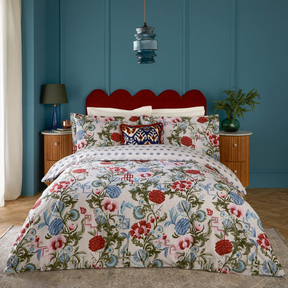 Seventy Three Ishana Super King Size Redcurrent and French Blue Reversible Floral Duvet Set Image 4