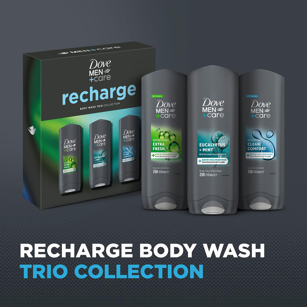 Dove Men+Care Recharge Comfort Extra Fresh Eucalyptus Mint Scent Bodywash Trio Gift Set 250ml 2 Pack Image 8
