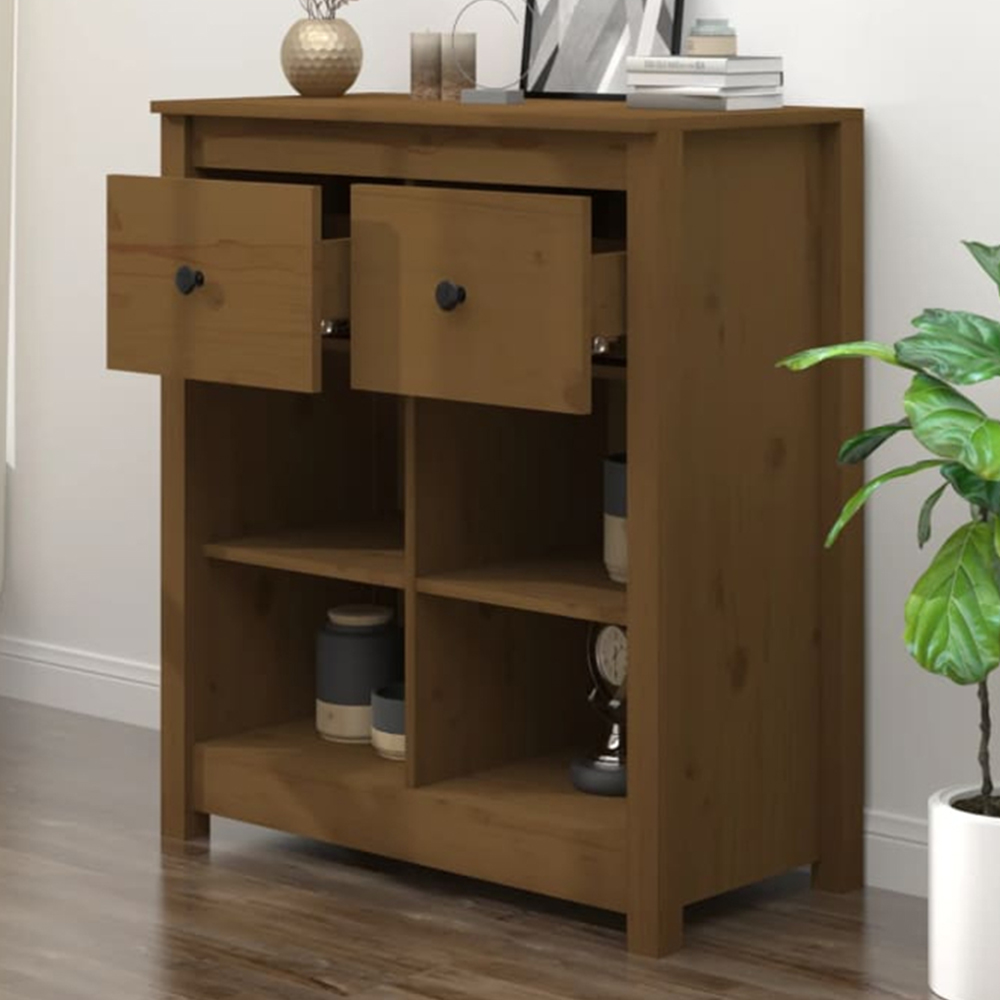 vidaXL 2 Drawer 4 Shelf Honey Brown Solid Pine Wood Sideboard Image 1