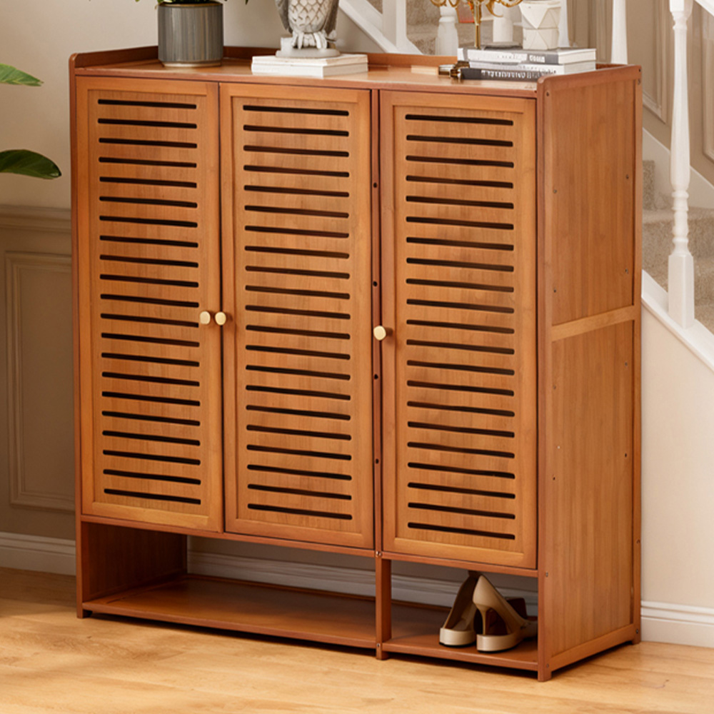Living and Home 3 Door Single Open Shelf Brown Tall Shoe Cabinet Image 1