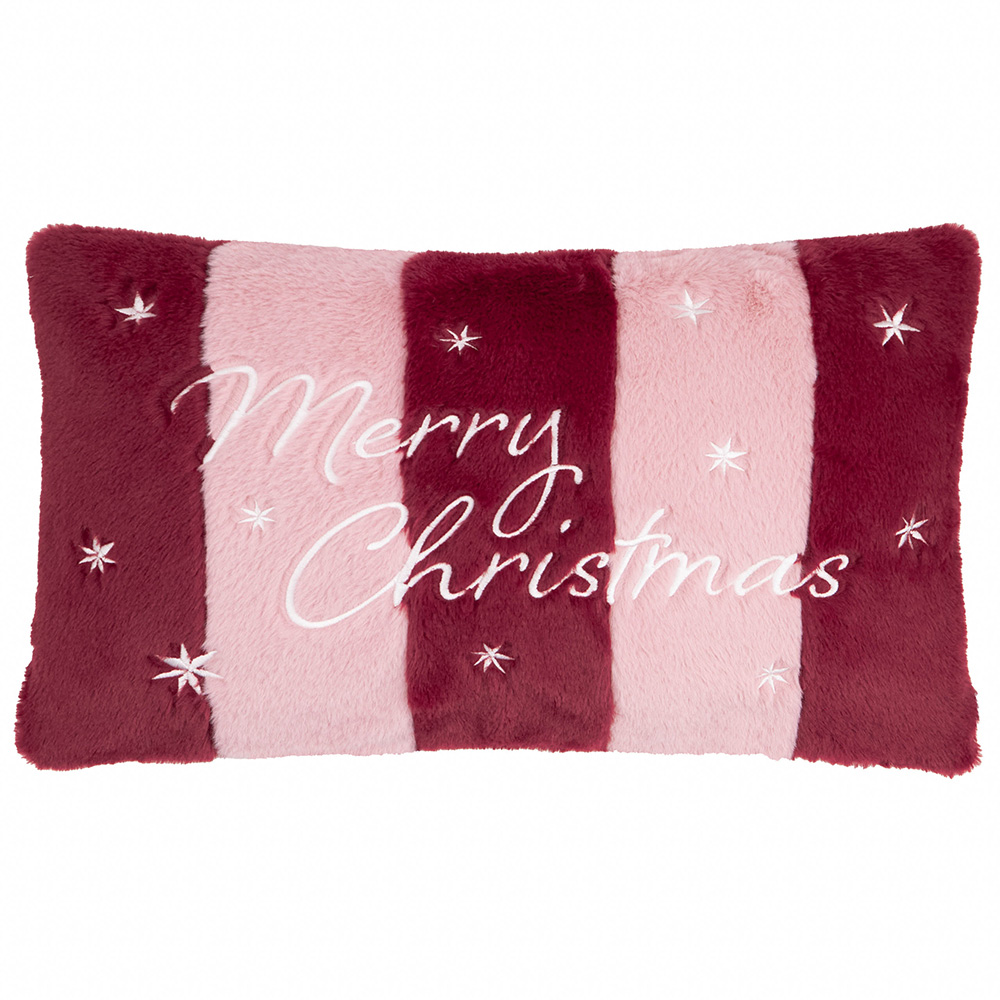 Furn Burgundy and Pink Merry Christmas Faux Fur Stripe Cushion 30 x 50cm Image 1