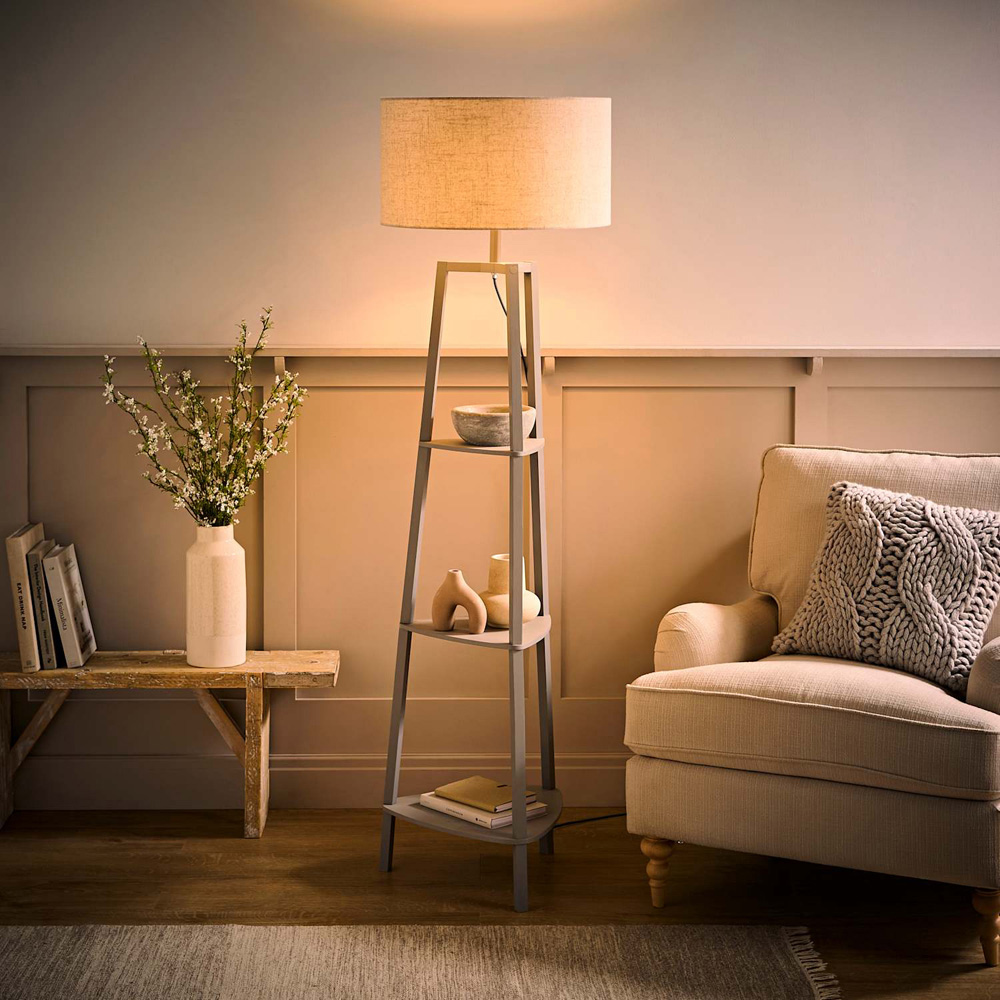 ValueLights Hiru 3 Shelf Linen Drum Shade Grey Wooden Floor Lamp with Bulb Image 2