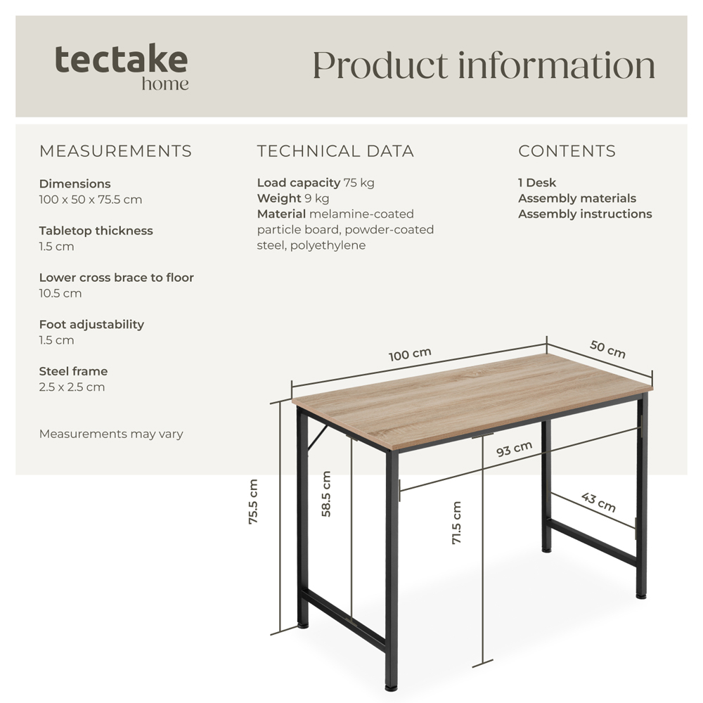 Tectake Jenkins Industrial Wood Study Desk Oak Sonoma 100cm Image 8