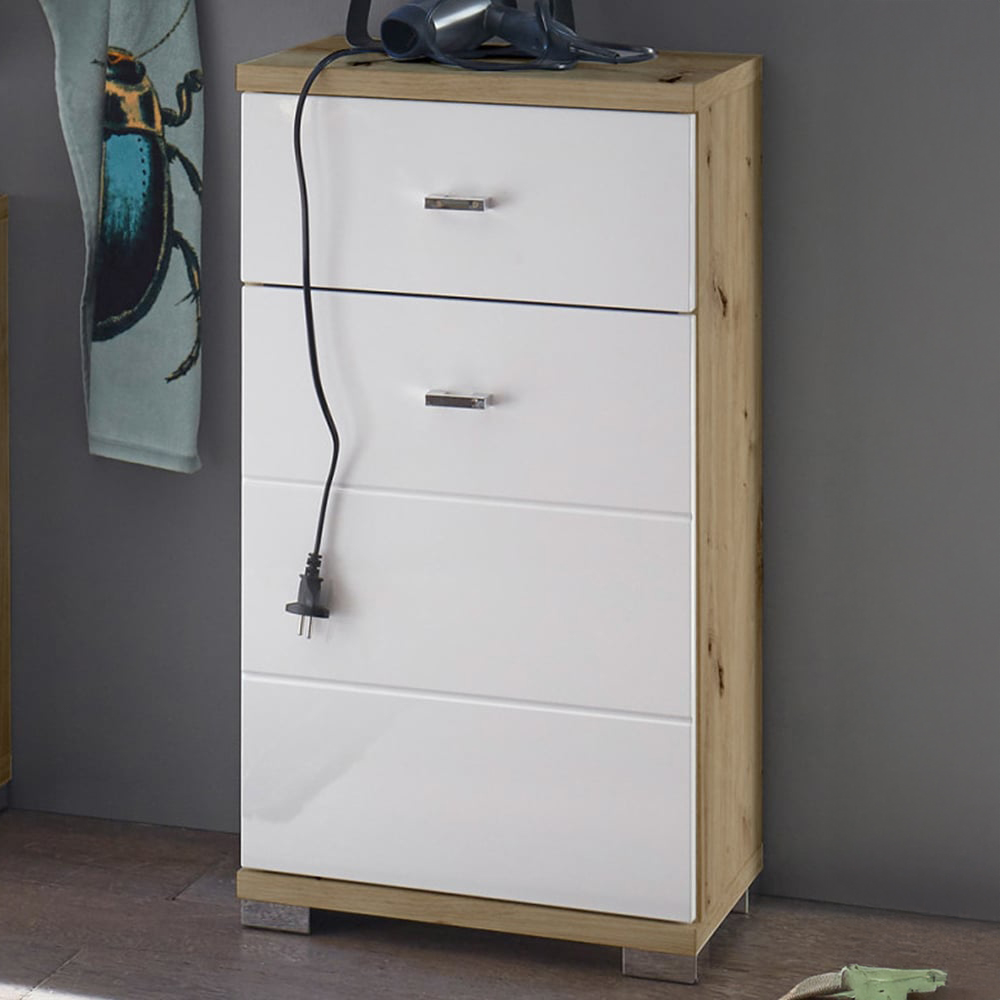 Julian Bowen Single Door Single Drawer White and Oak Storage Cabinet Image 1