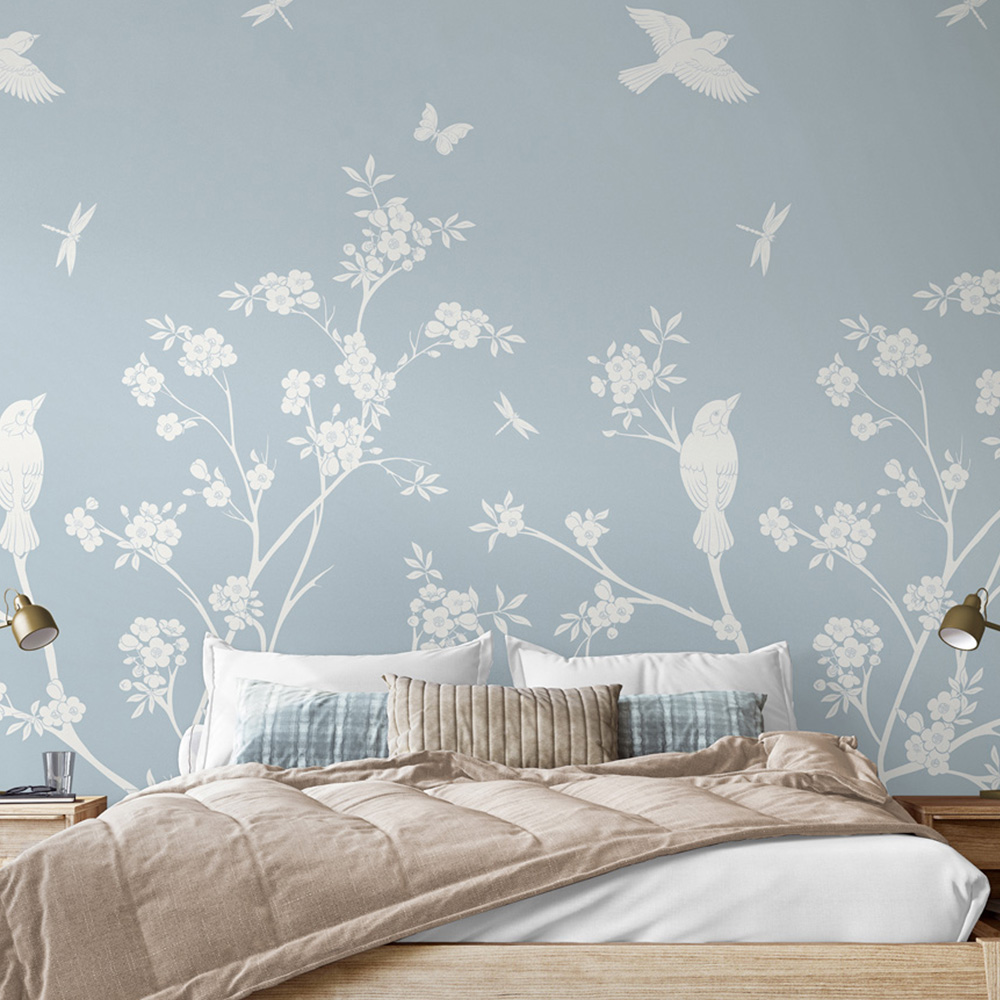 Origin Murals Repeatable Blossom Trail Wedgewood Blue 3 Drop Wall Mural Image 1
