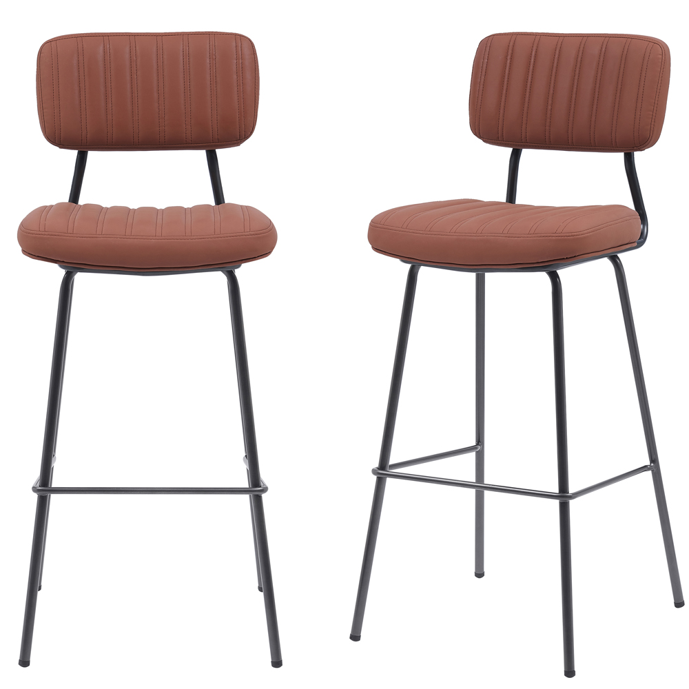 MMT Furniture Designs Tan PU Leather Steel Frame Retro Industrial Style Bar Stool Set of 2 Image 2