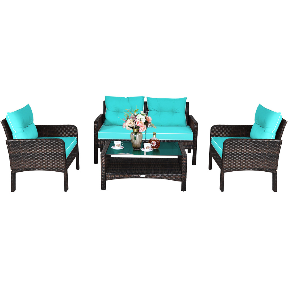 Costway 4 Seater Turquoise PE Rattan Patio Conversation Set Image 3
