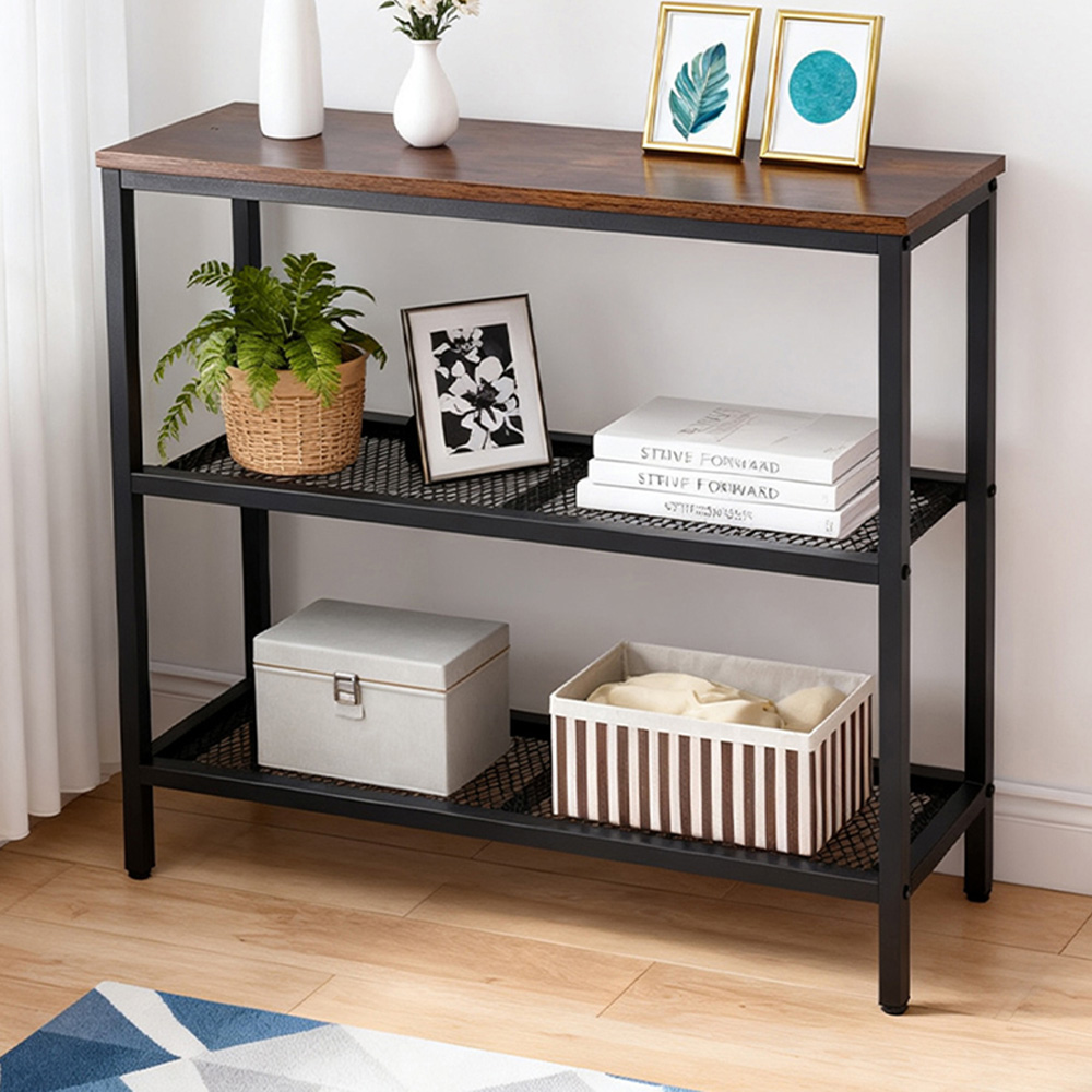 Living and Home 2 Shelf Brown Wood Grain Metal Frame Console Table Image 1