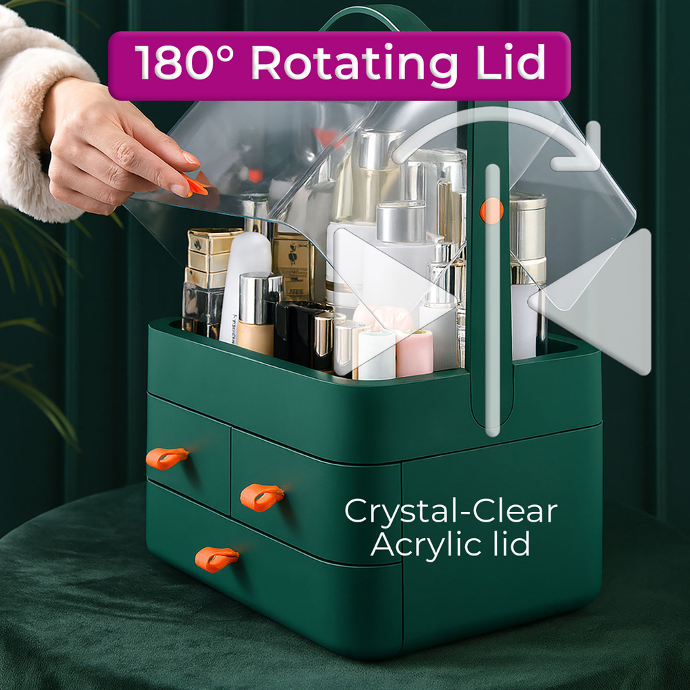 Neo 3 Drawer Green Acrylic Makeup Storage Organiser with Lid Image 6
