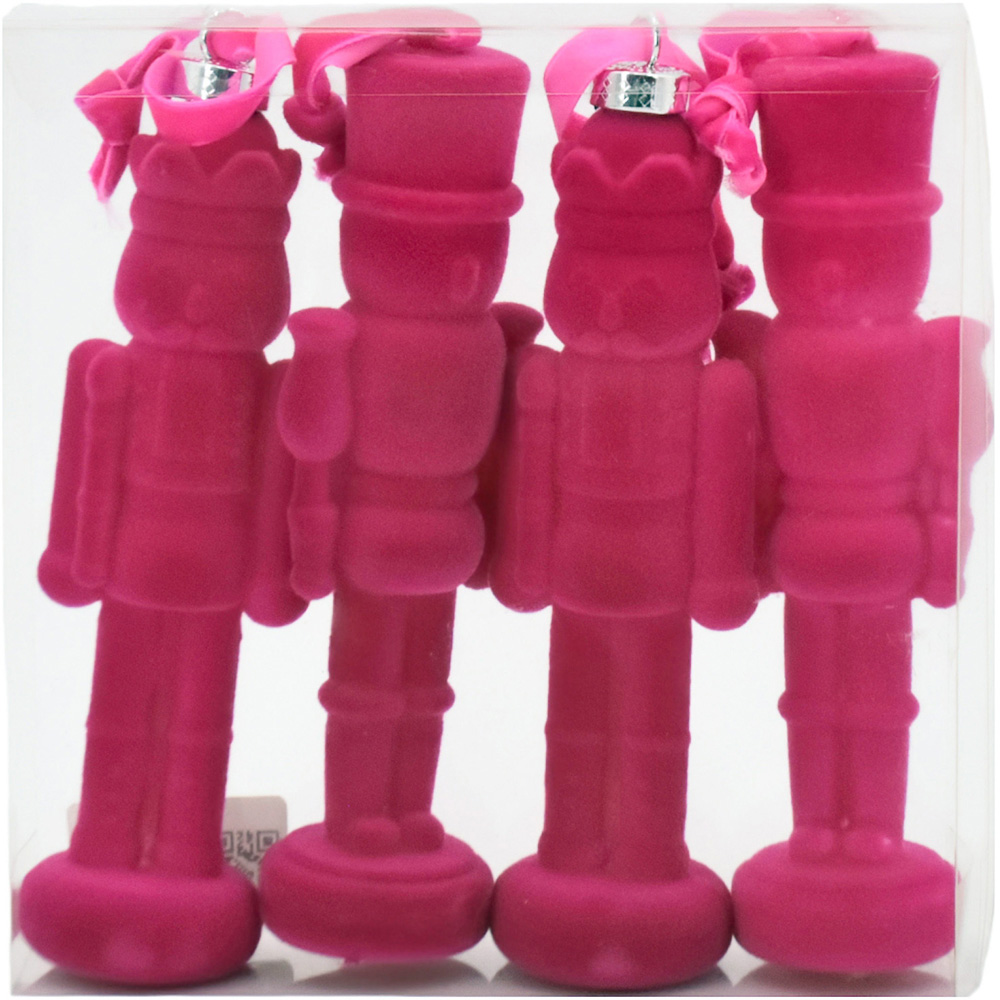 Pack of 4 Flocked Nutcracker Baubles Pink Image 1
